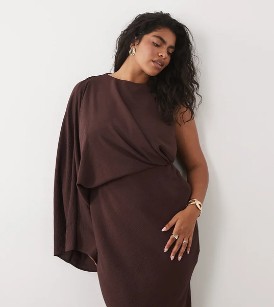  Asos Design Curve One Shoulder Drape Back Column Maxi Dress In Fudge Multi 