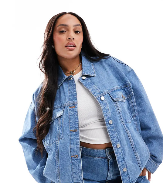  Asos Design Curve Oversize 90's Denim Jacket In Midwash Blue 