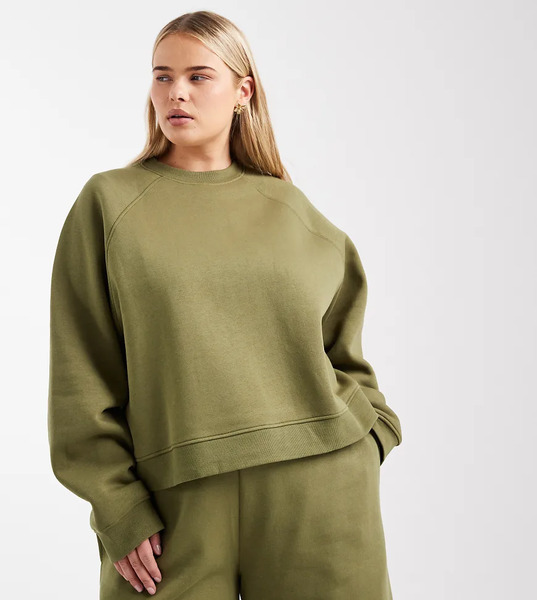  Asos Design Curve Oversized Brushback Sweatshirt With Raglan Detail In Khaki Green 