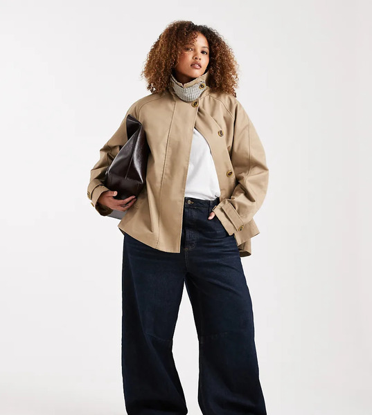  Asos Design Curve Oversized Cape Detail With Check Liner In Rye Neutral 