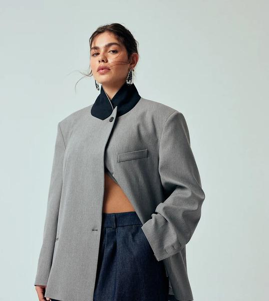 Asos Design Curve Oversized Contrast Collar Blazer In Grey Melange 