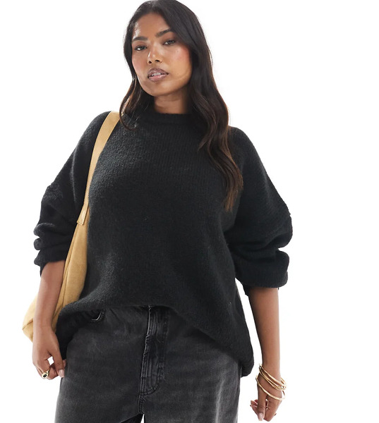  Asos Design Curve Oversized Crew Neck Jumper With Curved Hem In Black 