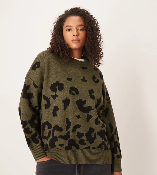  Asos Design Curve Oversized Jumper In Leopard Green 