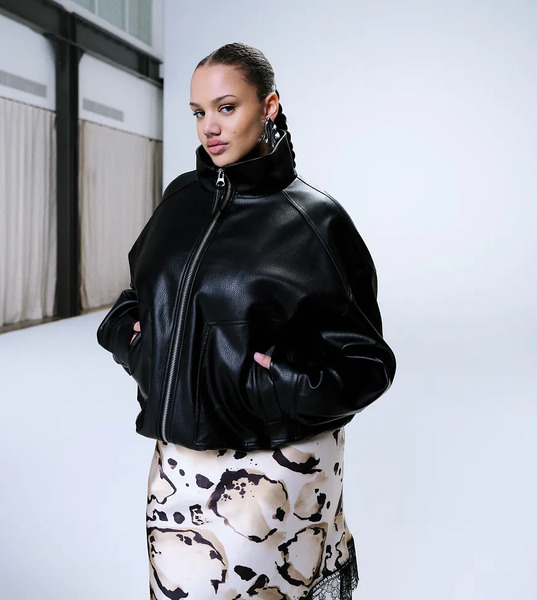  Asos Design Curve Oversized Leather Look Funnel Bomber Jacket In Black 