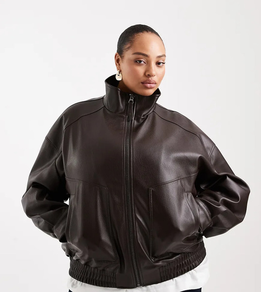  Asos Design Curve Oversized Leather Look Funnel Bomber Jacket In Chocolate Brown 