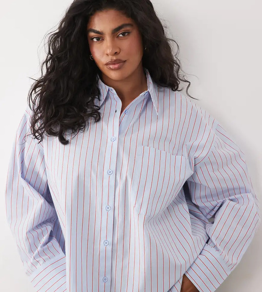  Asos Design Curve Oversized Shirt In Blue And Red Stripe Multi 