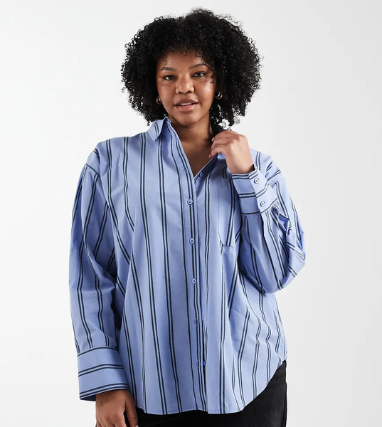  Asos Design Curve Oversized Shirt In Blue Stripe 