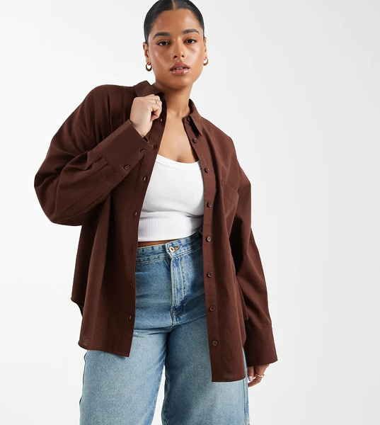  Asos Design Curve Oversized Shirt With Linen In Brown 