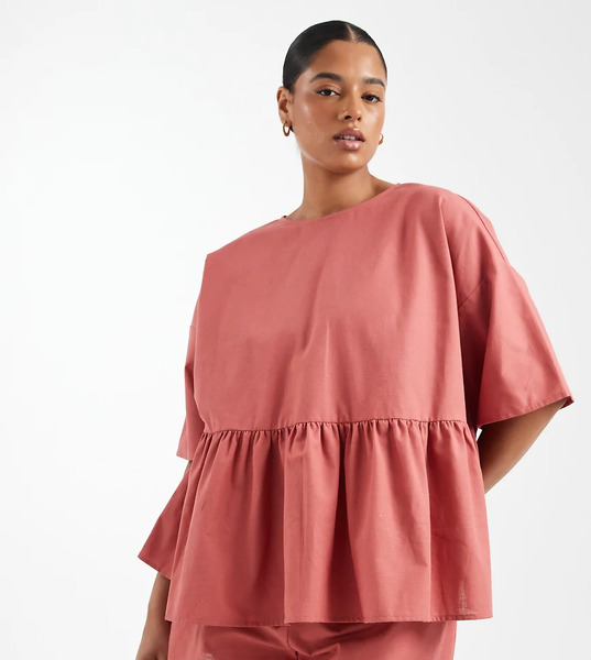  Asos Design Curve Oversized Short Sleeve Peplum Top In Blush Pink 