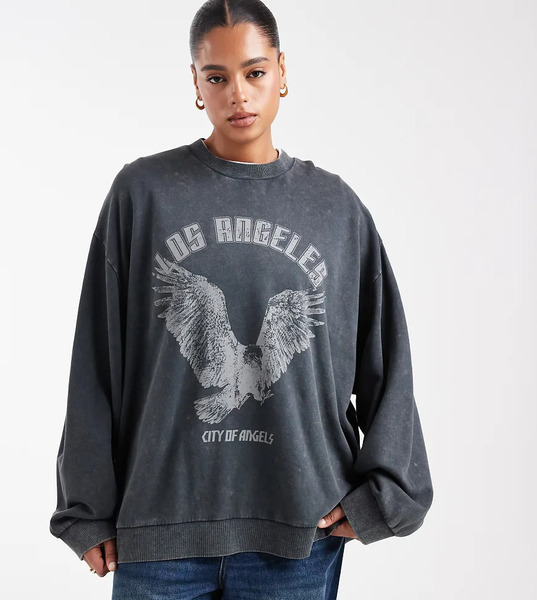  Asos Design Curve Oversized Sweatshirt With Eagle Graphic In Charcoal Grey 