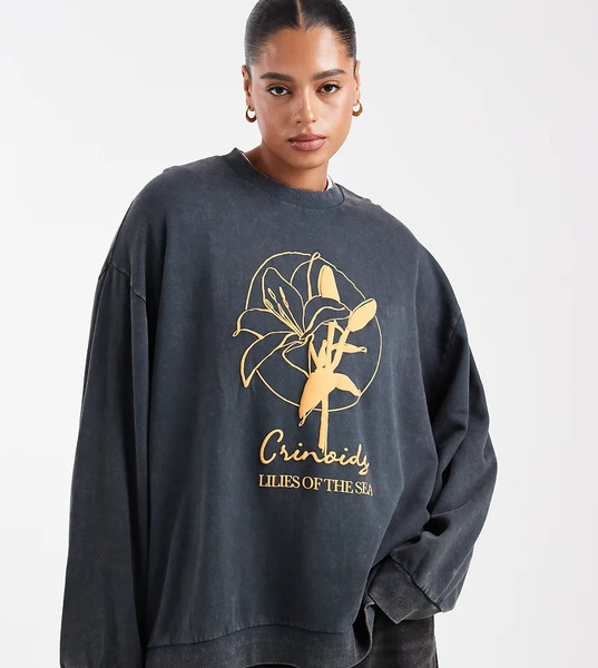  Asos Design Curve Oversized Sweatshirt With Lily Flower Graphic In Charcoal Grey 