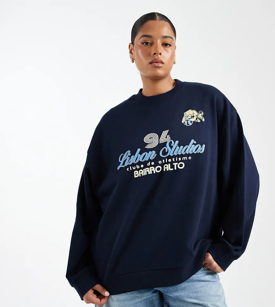  Asos Design Curve Oversized Sweatshirt With Lisbon Sports Graphic In Navy 