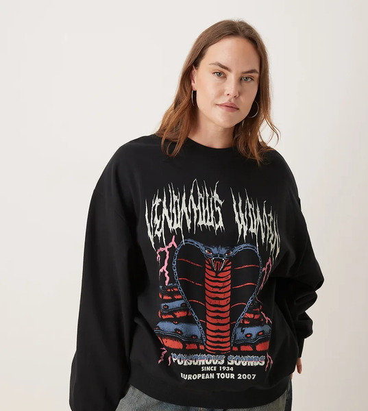  Asos Design Curve Oversized Sweatshirt With Snake Rock Graphic In Black 
