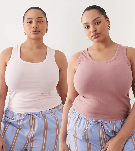  Asos Design Curve 2 Pack Pyjama Vest In Mink & Pink Multi 