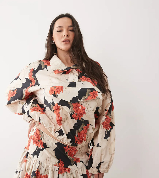  Asos Design Curve Patch Pocket Funnel Neck Jacket In Red Floral Co Ord Multi 