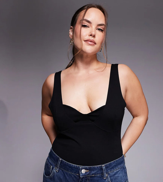  Asos Design Curve Polyamide Scoop Neck Bodysuit In Black 
