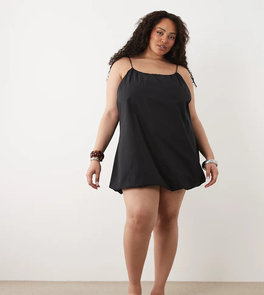  Asos Design Curve Poplin Puff Mini Sundress With Tie Straps In Black 