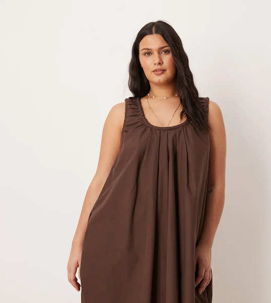  Asos Design Curve Poplin Scoop Ruched Neck Mini Sundress Chocolate Brown 