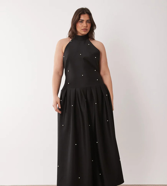  Asos Design Curve Premium Pearl Embellished Maxi Dress With Scarf Detail In Black Scuba Style Fabric 