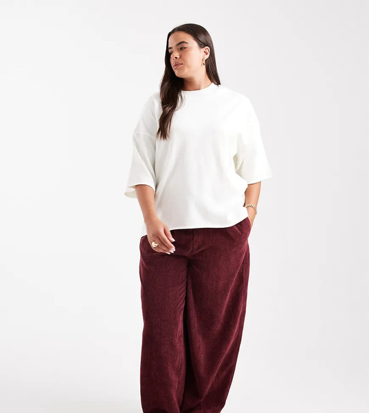  Asos Design Curve Pull On Barrel Leg Cord Trousers In Burgundy Red 