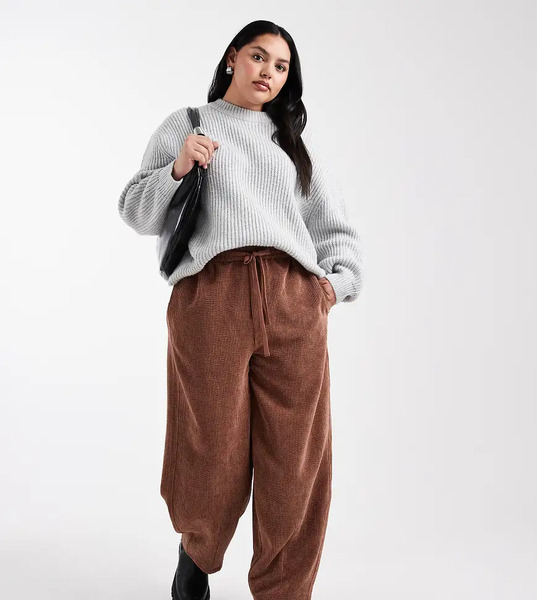  Asos Design Curve Pull On Barrel Leg Cord Trousers In Chocolate Brown 