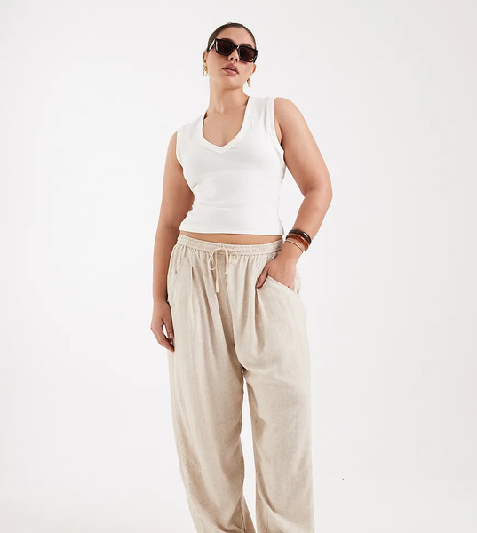  Asos Design Curve Pull On Linen Twill Utility Trousers In Natural Neutral 