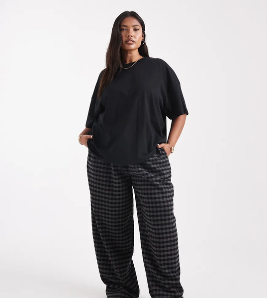  Asos Design Curve Pull On Tie Waist Barrel Trousers In Black & Grey Check Multi 