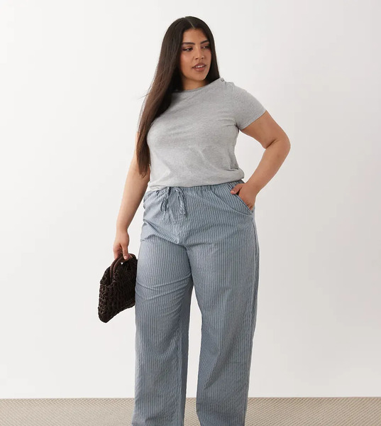  Asos Design Curve Pull On Trousers In Blue Stripe 