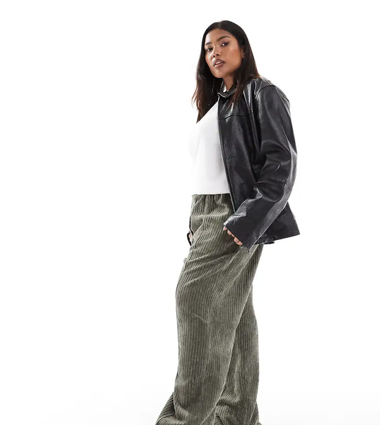  Asos Design Curve Pull On Trousers In Cord In Khaki Green 
