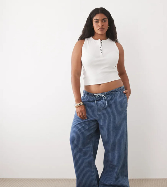  Asos Design Curve Pull On Wide Leg Stripe Jean In Blue 