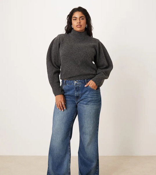  Asos Design Curve Relaxed Flare Jean In Dark Midwash Blue 
