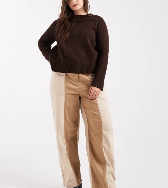 Asos Design Curve Relaxed Straight Leg Laundered Colour Block Pull On Trousers In Brown 