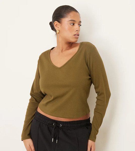  Asos Design Curve Rib V Neck Long Sleeve Top In Khaki Multi 