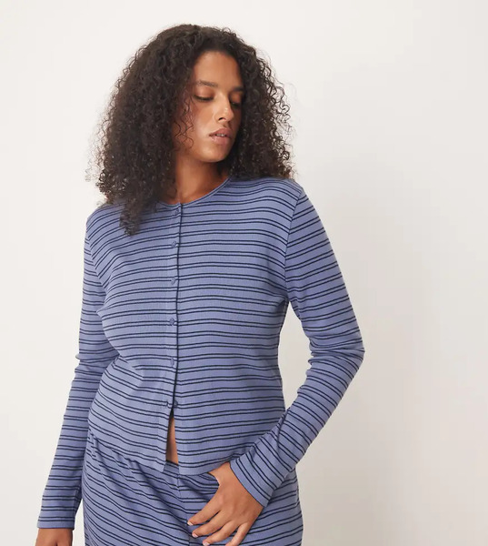  Asos Design Curve Ribbed Cardigan In Navy Stripe Green 
