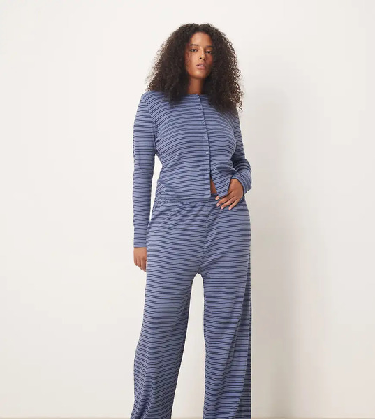  Asos Design Curve Ribbed Wide Leg Trouser In Navy Stripe Green 