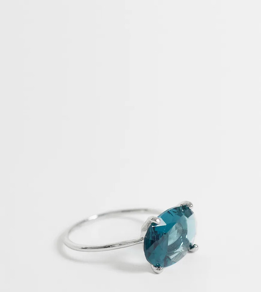  Asos Design Curve Ring With Blue Stone Setting In Silver Tone 