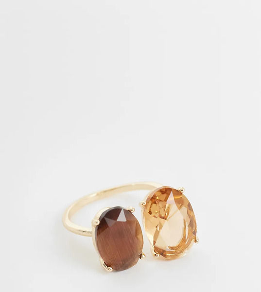  Asos Design Curve Ring With Double Amber Stone Setting In Gold Tone 
