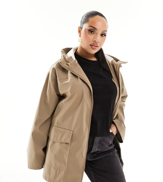  Asos Design Curve Rubberised Rain Coat In Mushroom Brown 