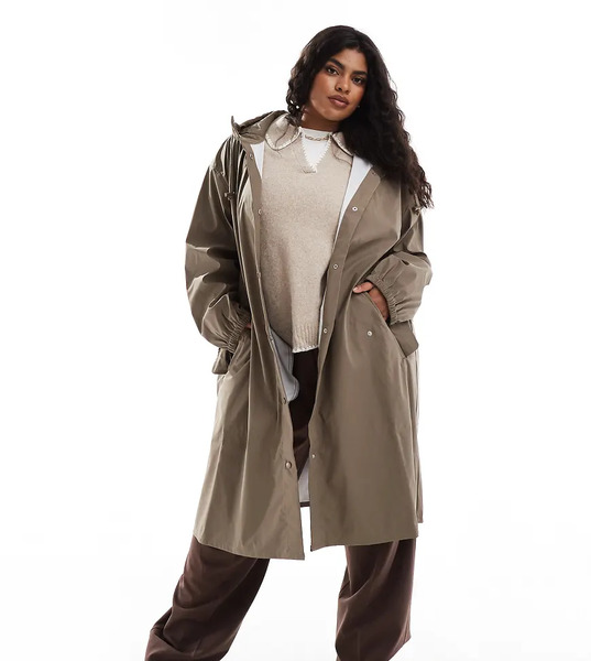  Asos Design Curve Rubberised Rain Parka Coat In Mushroom Brown 