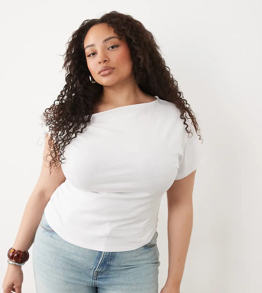  Asos Design Curve Ruched Sleeve Fallen Shoulder Waisted Tee In White 