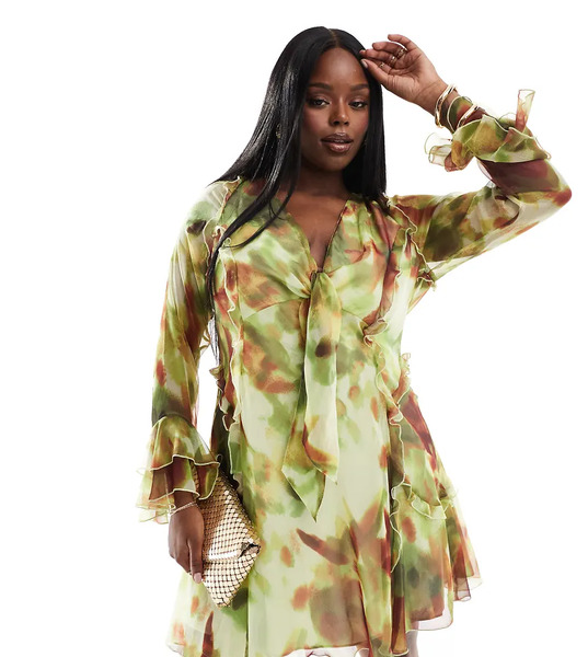  Asos Design Curve Ruffle Tie Front Plunge Mini Dress With Frill Sleeves In Green Abstract Print Multi 