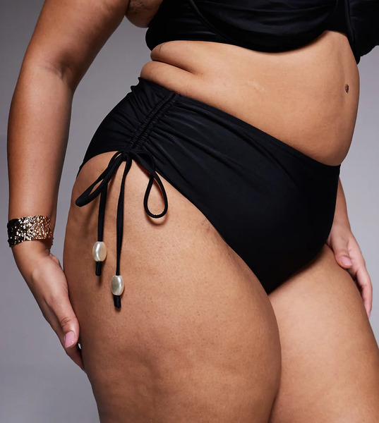  Asos Design Curve Sadie Azores Ruche Side High Waist Bikini Bottom With Ties With Pearl Detail In Black 
