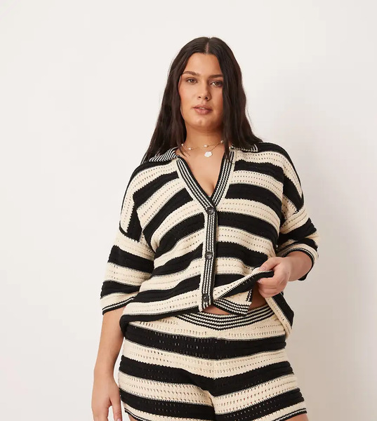  Asos Design Curve Sally Beach Knit Button Through Top Co Ord In Mono Stripe Multi 