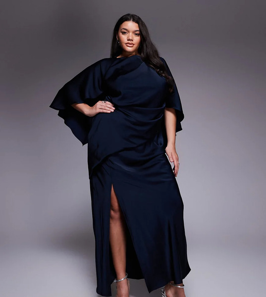  Asos Design Curve Satin Ruffle Cape Sleeve Maxi Dress With Open Back Detail And High Split In Navy Multi 