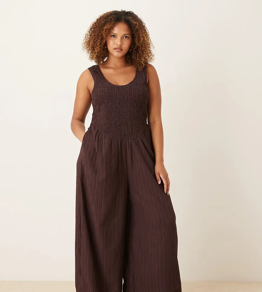 Asos Design Curve Scoop Neck Crinkle Jumpsuit In Brown 