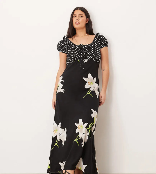  Asos Design Curve Scoop Neck Maxi Dress With Frill And Tie Detail In Mixed Spot And Floral Print Multi 