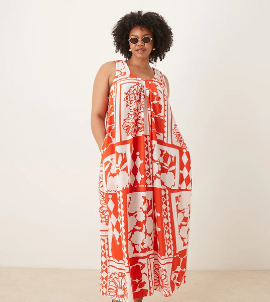  Asos Design Curve Scoop Ruched Neck Maxi Sundress In Red Patchwork Print Multi 