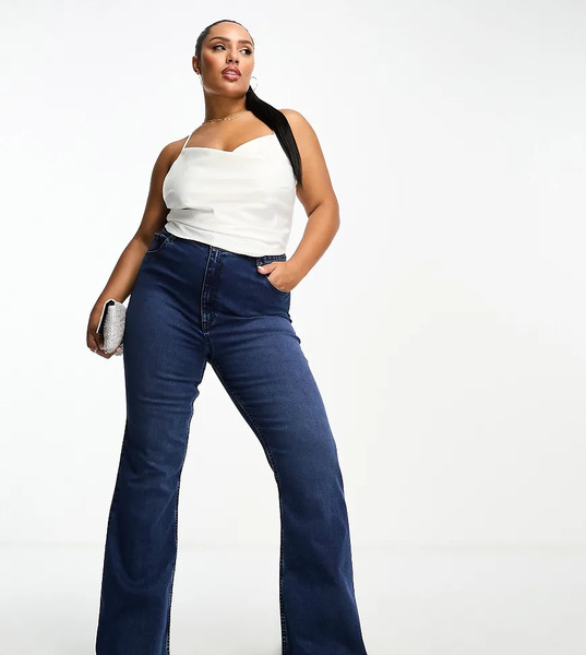  Asos Design Curve Sculpting Super Stretch Flare Jeans In Dark Blue 