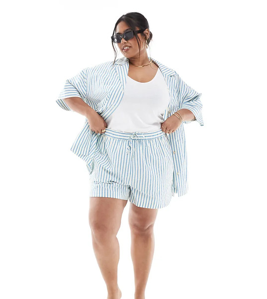  Asos Design Curve Seersucker Pull On Boxer Shorts Co Ord In Blue Stripe Multi 