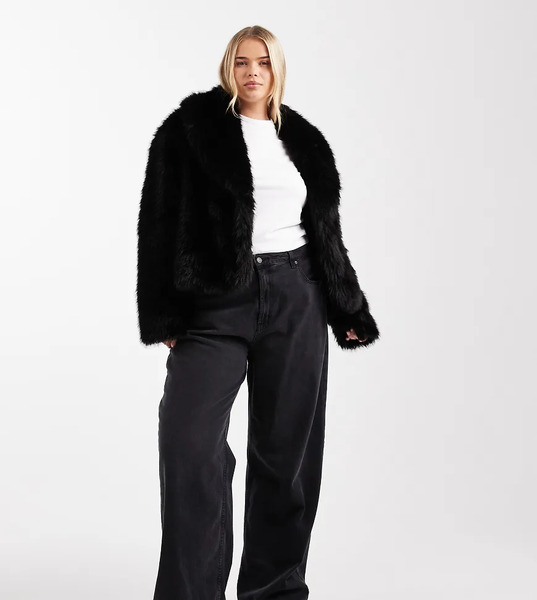  Asos Design Curve Shawl Collar Faux Fur Jacket In Black 